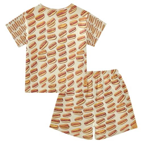 Pajama Sets Short Sleeve Hot Dog Cartoon Pattern Soft Cotton Summer Sleepwear 2 Piece PJS Size 5-14T2
