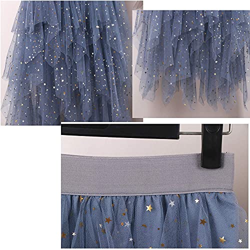 Lbkkc Women's Sequin Tulle Skirt Formal High Low Asymmetrical Midi Tea-Length Elastic Waist Skirt Grey Blue #TOP5