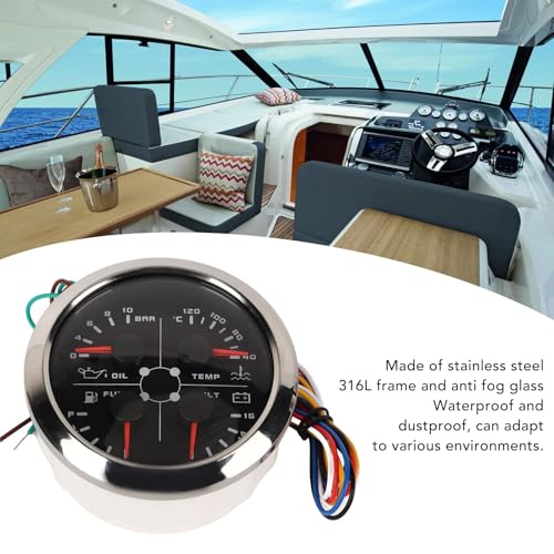Keenso Kraftstoffstandsanzeige, 4in1 85 Mm Anzeige Multifunktions-Kraftstoffstand Öldruck Wassertemperatur Voltmeter DC 8 Bis 16 V für Auto Wohnmobil Boot Motorrad (Schwarz °C/BAR)