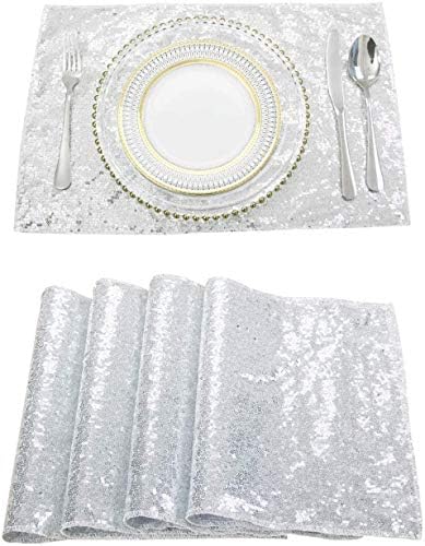 Eternal Beauty 30x46cm Sequin Placemats,Sparkle Table Placemats for Dining Room Party Wedding Decoration (Silver, 12x18 inch, Set of 4)