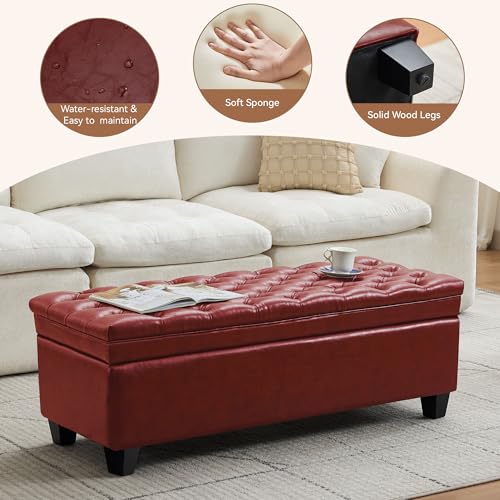 Image of WUTUTUEE 50 inch Faux Leather Storage Ottoman Bench, End of Bed Upholstered Rectangle Storage Ottoman Tufted Living Room Bedroom Bench with Safety Hinge, Solid Wood Legs, Loads 500 lb(Red)