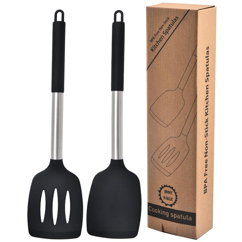 SWIUKPHE Pack of 2 Silicone Solid Turner,Non Stick Slotted Kitchen Spatulas,High Heat Resistant BPA Free Cooking Utensils,Ideal Cookware for Fish,Eggs,Pancakes, Black