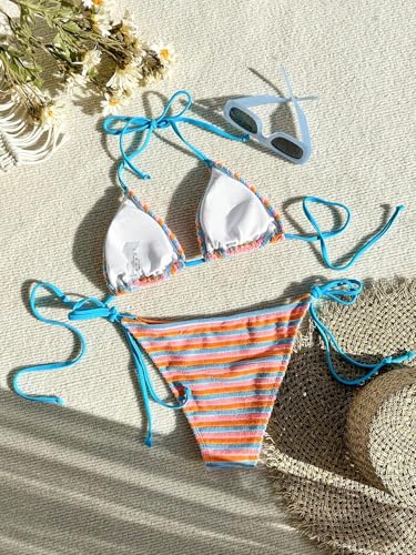 ZAFUL Women's Colorful Stripes Halter Flocking Textured Triangle Tie Side String Bikini Set High Cut Two Piece Bathing Suit4