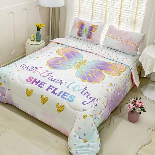 Image of Cokouchyi Twin Size Comforter Set for Girls, 5-Piece Bed in a Bag, 3D Colorful Butterfly Bedding Comforter Sheet Set, Ultra Soft and Fluffy, Pink & Rainbow Color
