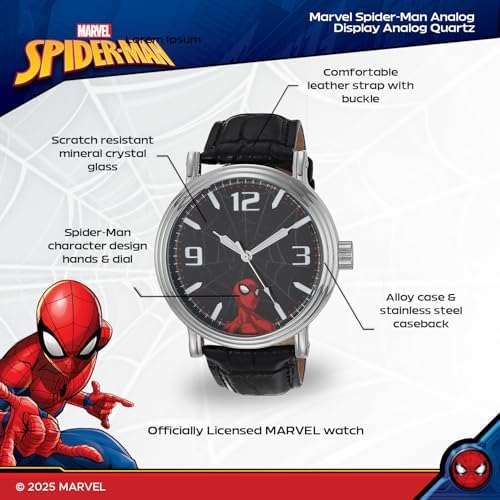 Marvel Orologio Analogico Al Quarzo Da Uomo WMA000421, Cassa In Lega 44mm, Cinturino In Pelle Nera, Quadrante Spider-Man - 3