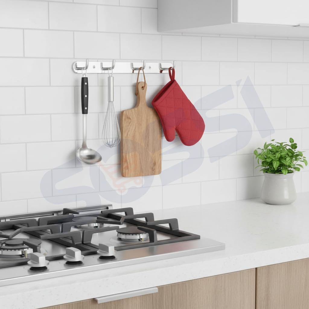 SOSSI - 4 Pin Stainless Steel Bathroom Towel Hooks Rail, Robe Hook, Wall Mounted Hook Rail for Cloth Hanger, Key Holder - Towel Hanger (Chrome Finish) (Pack of 3)