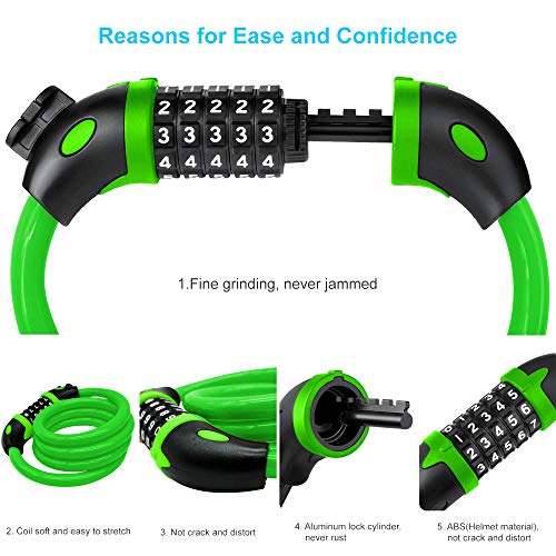 Vltawa Bike Lock With Mounting Bracket, 4 Ft Bike Lock Cable, 1/2 In Diameter High Security Bicycle Lock, 5 Digit Resettable Bike Locks With Combinations (Lightweight, 1.2Mx12Mm) (Green) #TOP2