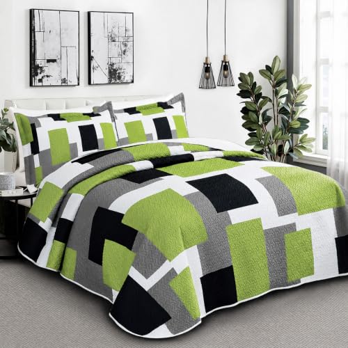 Image of Tyrot 3 Piece Sage Green Quilt Full /Queen Size Lime Green Grey Bedding Set