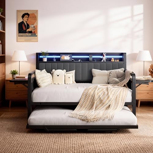 Daybed with Trundle, Twin Trundle Bed Frame - Metal Day Bed with...