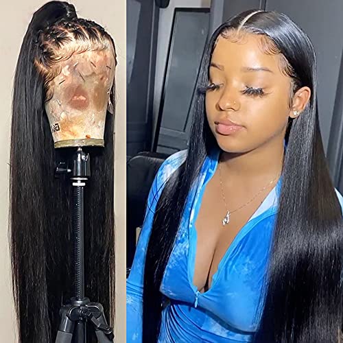 Sdamey HD Transparent 13X4 Straight Lace Front Wigs for Women Brazilian Virgin Human Hair Wigs with Baby Hair Pre Plucked Lace Frontal Wigs 150% Density Natural Color (28 Inch)