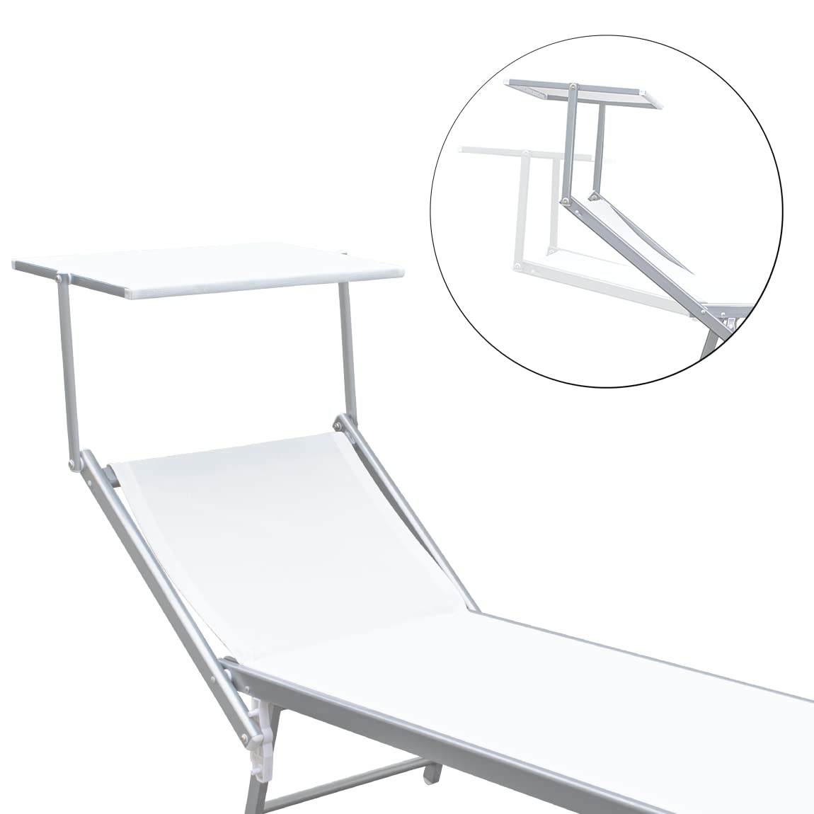 Mediawave Store - Lettino Prendisole Mare, Lettino LUXURIOUS con Parasole, Struttura Alluminio, lettino Mare Reclinabile, Giardino, Spiaggia, Piscina, Lettino Balneare 180X60X40 (Bianco)