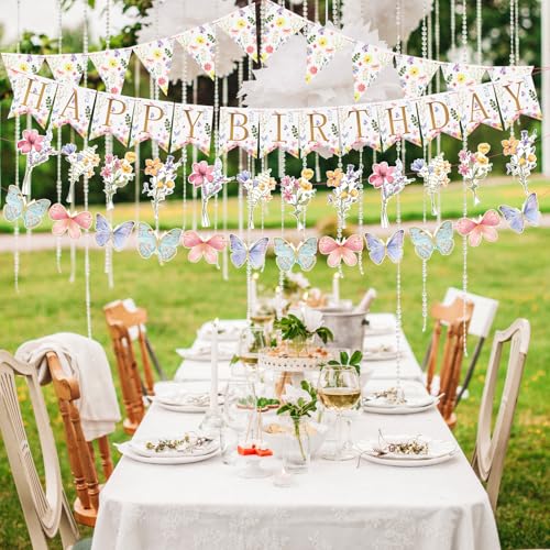 Image of Flower Birthday Decorations,Floral Birthday Banners,with Flower Bouquet Garland, Party Decorations for Girls Women