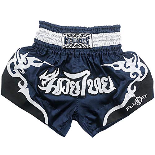 FLUORY Short Muay Thai,Haute Qualité Short Boxe Thaï Short MMA Kick Boxing pour Femme Homme Enfant Compétition D'entraînement de Combat. - L - Bleu Marine