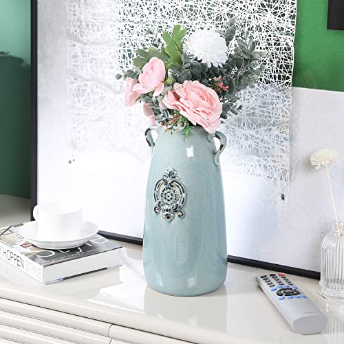 Mygift Farmhouse Decor Vintage Flower Vase, Antique Blue Milk Jug Style Ceramic Table Vase #TOP2