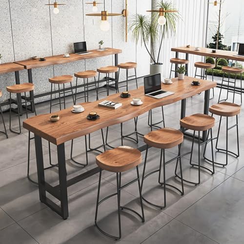 Rustic Solid Wood Wall-Mounted Bar Counter for Balcony, Coffee Shop, and Dessert Lounge - Commercial Narrow Trestle High Table (86.6"x13.8"x41.3")