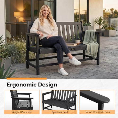 Image of VINGLI 49in HDPE Outdoor Bench with Backrest and Armrests, 2-Person Weatherproof Patio Bench, Heavy Duty 600 lbs Capacity, Low Maintenance Garden Benches for Porch Backyard Poolside Park (Black)