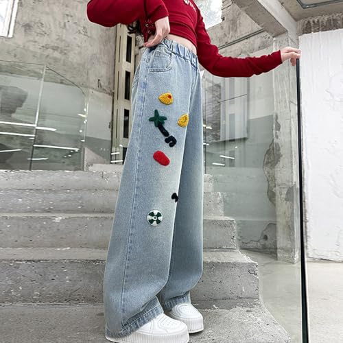 Girls Cute Coconut Tree Graphic Jeans Wide Leg Loose Elastic Waist Comfy Summer Kids Denim Pants for 5-15 Years4