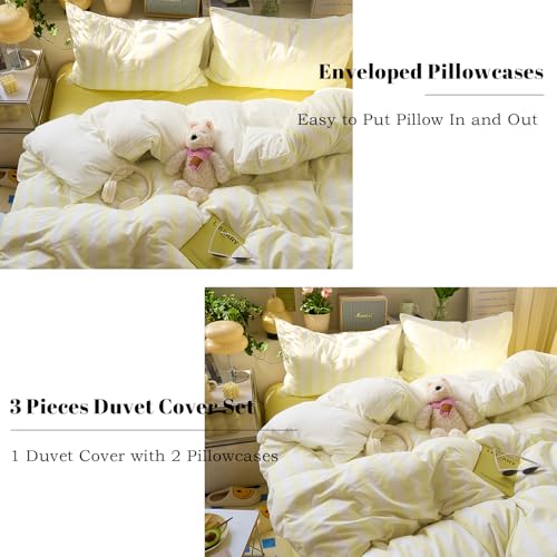 Image of EAVD Retro Yellow Striped Duvet Cover Full Soft Washed Microfiber Boho Yellow and White Vertical Striped Bedding Set with 2 Pillowcases Farmhouse Reversible Geometric Comforter Cover with Zipper