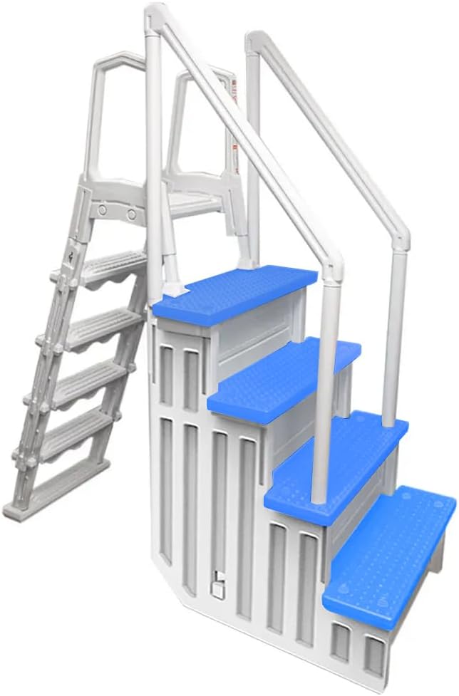 Aqua SelectAnti-Slip in-Pool Steps with Outside Flip-Up Ladder | White/Blue Steps | for Above Ground Swimming Pools | Can Mount to Decks 48" to 54" H | Safety Stairs Capacity Up to 250 lbs
