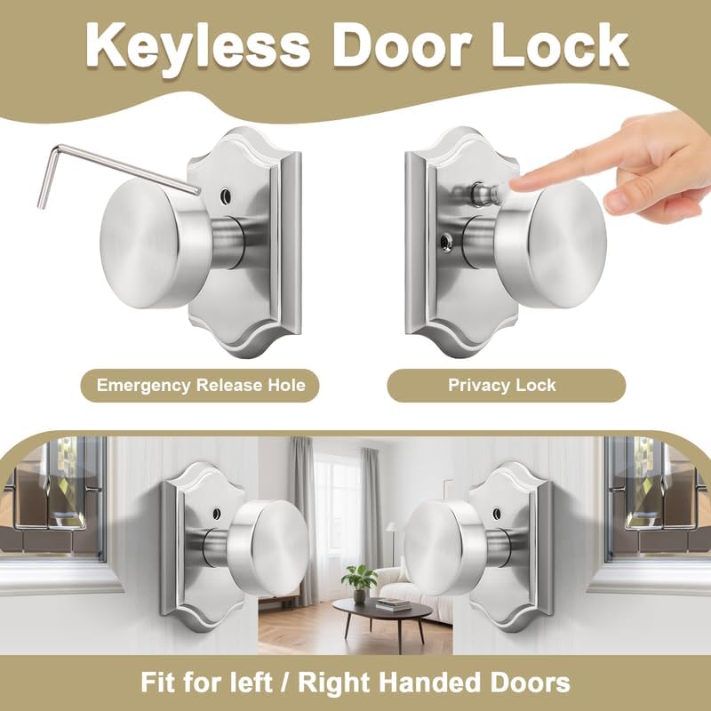 Probrico Brushed Nickel Door Knobs, Interior Door Locks for Bedroom/Bathroom, Keyless Door Knobs Privacy Lock, 6 Pack