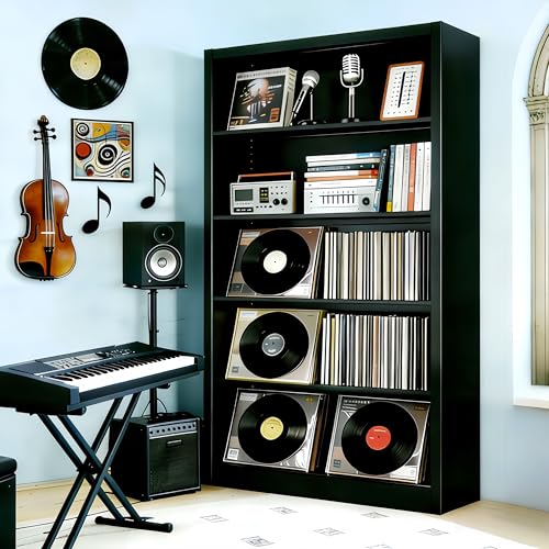 Image of Large Vinyl Record Storage Cabinet, Heavy-Duty Metal Record Player Stand with Adjustable Shelves, 66 inch H Media Shelf Organizer for LP Albums, Turntable & Audio Equipment, Black