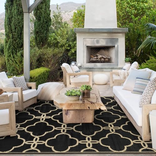 Ashler Black Outdoor Plastic Straw Rug Waterproof for Patio, Clearance Reversible Camping Mats, 9x12 Large Outdoor Area Rugs with Carrying Bag, for RV, Picnic, Backyard, Indoor