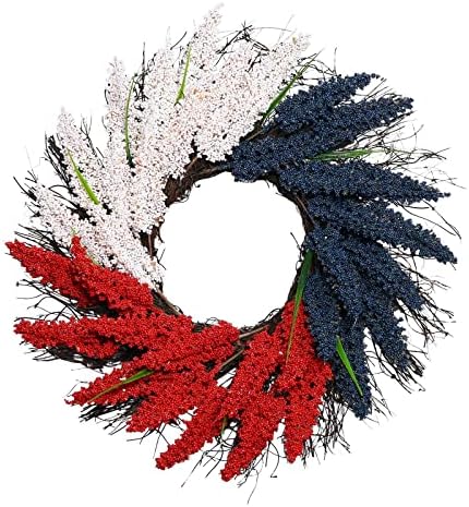Memorial Day Wreath Patriotic Americana Wreath Independence Day 4th of July Wreath Red Blue White Artificial Rice Ear Wreath Veterans Day Decoration Front Door Wall Home Decor