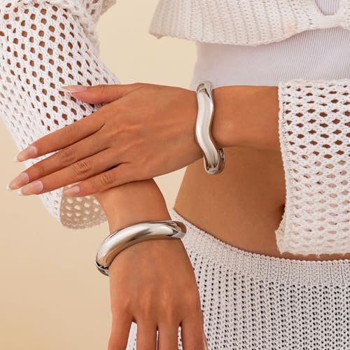 Image of Salircon Gold Bangle Bracelets for Women Gold Wide Chunky Bracelets Trendy Hinged Cuff Open Chunky Bracelet Irregular Jewelry