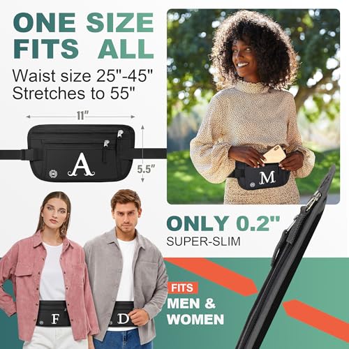 Image of Travel Money Belt, Personalized Initials Passport Holder with Anti Theft RFID Protection, Slim Travel Wallet for Women & Men, Travel Fanny Pack for Travel Essentials-Letter M, Black