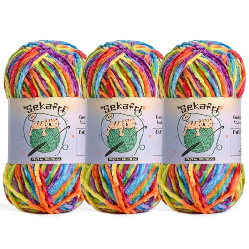Image of 3 Pack of 300g (590yds) Fuzzy Chenille Yarn for Crocheting,Fluffy Amigurumi Crochet Yarn for DIY Craft /Hat /Clothes, Soft Velvet Baby Blanket Yarn(3 Rainbow)