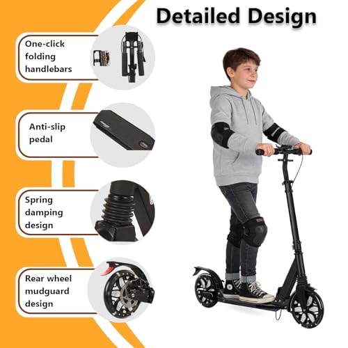 Image of Kick Scooter for Ages 13+, Teens and Adults. Led Light Up Wheels, 4 Levels Adjustable Handlebar, Dual Brakes, Anti-Slip Pedal, Foldable 8in Big Wheels for Kids (300lbs)