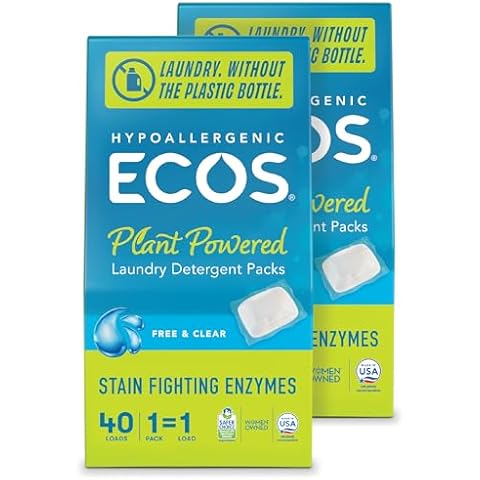 ECOS Laundry Detergent Packs, 80 Loads - 100% Plastic Free Packaging - Convenient No Mess Washing Soap Packs - Hypoallergenic for Sensitive Skin - Free & Clear Cover