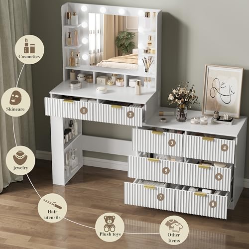Image of Makeup Vanity Desk with Mirror and Lights, 57 inch Fluted Vanity Dresser Combo & Storage Shelves, Vanity Mirror with Mirror and Lights with 8 Drawers, 3 Color Modes, Dressing Table Set for Girls, White