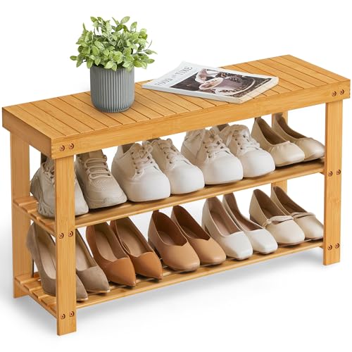 SONGMICS Shoe Rack Bench, 3-Tier Bamboo Shoe Storage Organizer, E...