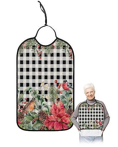 Christmas Adult Bib for Eating with Crumb Catcher,Washable & Waterproof Terry Cloth Adjustable Elderly Women Men Adult Bibs Funny Apron Clothing Protector Retro Black Plaid Christmas Poinsettia Pine