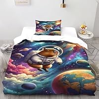 SHOVERKD Capybara Space Bedding Set 2 Pieces 3D Digital Printing Animal Themes Wildlife Duvet Cover Set Chic Breathable Comforter Cover Girl Woman with Pillowcase Single（135x200cm）