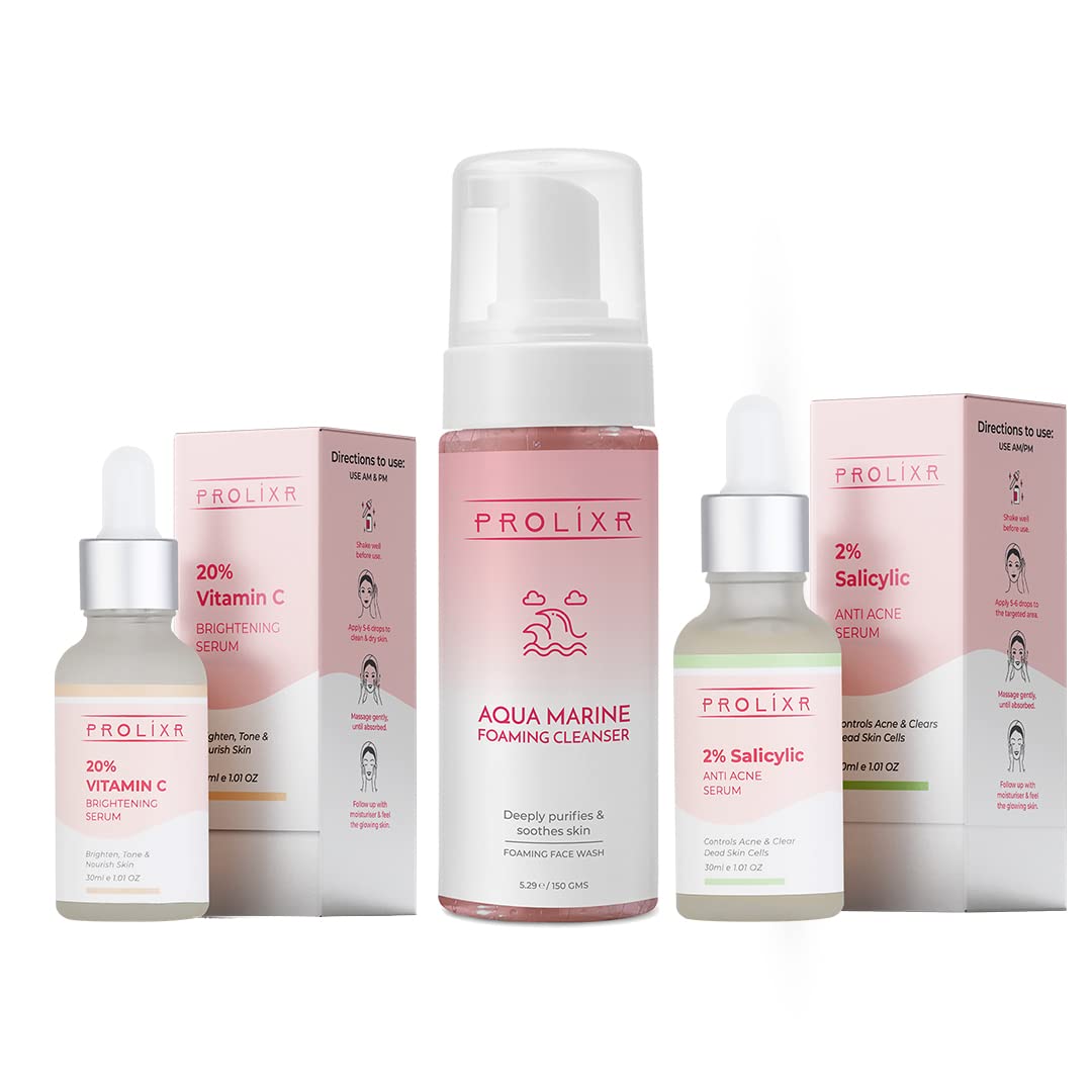 PROLIXRDaily Acne Care Bundle | Aqua Marine Foaming Cleanser, 2% Salicylic Anti Acne Serum, 20% Vitamin-C Brightening Serum | For Clean & Clear Skin | For Men And Women | Combo of 3