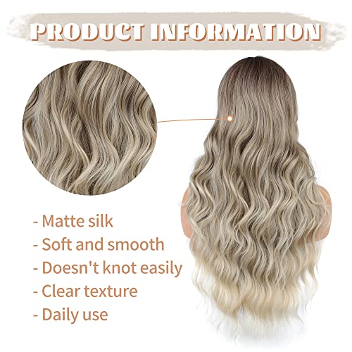 FAELBATY Long Curly Wig - Blonde to Brown Ombre with Bangs - Natural Looking Synthetic Wig for Women & Girls - 25" RT8/18G/60D# - Image 3