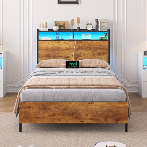 Lit 90x200 LED + multiprise USB & étagères Brinlawb