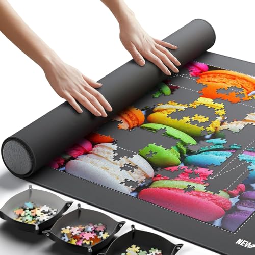 Newverest Jigsaw Puzzle Mat Roll Up, Saver Pad 39.4” x 23.6” Portable Keeper Up to 1000 Pieces with Non-Slip Rubber Bottom and Polyester Top + 3 Puzzle Sorting Trays, Travel-Friendly Storage Bag