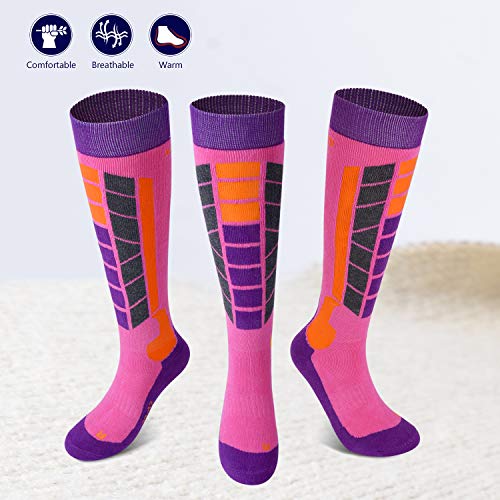 Soared Winter Ski Socks Snowboard Snow Warm Knee Over the Calf OTC High Performance 2 Pairs for 3-8 Years Old Kids Pink