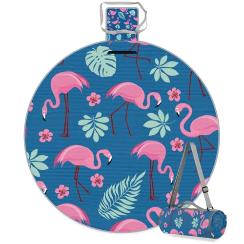 Shimoshe Tropical Flamingo Picnic Outdoor Blanket Foldable Waterproof Sandproof Beach Blanket Portable Water-Resistant Round Picnic Mat for Travel Camping Park Lawn