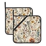 2PCS Boho Watercolor Floral Pot Holder with Loop,Heat Resistant Oven Pads,Hot Pat for Kitchen Cooking Baking Food