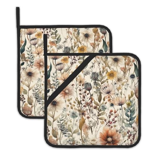 2PCS Boho Watercolor Floral Pot Holder with Loop,Heat Resistant Oven Pads,Hot Pat for Kitchen Cooking Baking Food