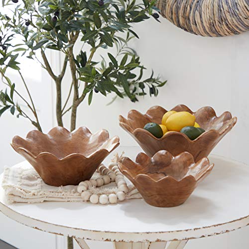 Deco 79 Teak Wood Floral Handmade Decorative Bowl, Set Of 3 10", 12", 14"W, Brown #TOP22