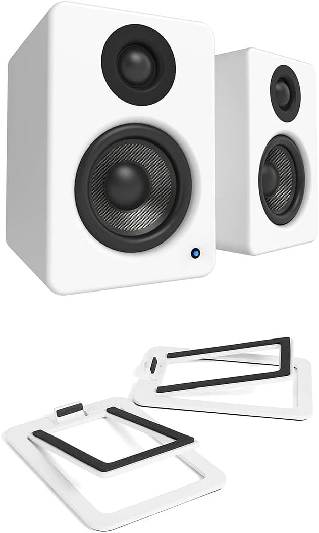 Kanto YU2 PC Gaming Desktop Speakers | 3" Composite Drivers | 3/4" Silk Dome Tweeter | Class D Amplifier | Pair | Matte White with a Kanto S2W Angled Desktop Speaker Stands - White (Pair) (2022)
