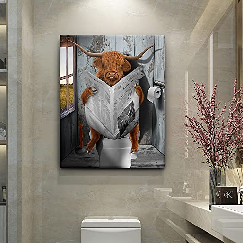 Vantboo Highland Cattle Cows Are Reading Newspapers In The Toilet Canvas Prints Wall Art Paintings Home Decor Artworks Pictures For Living Room Bedroom Bathroom Decoration Ready To Hang 16X20 Inches #TOP1