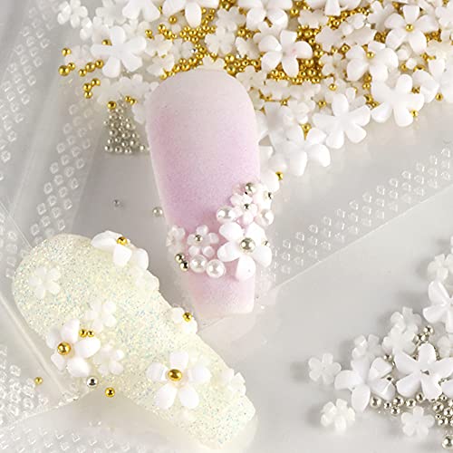 3D Flower Caviar Beads Nail Art Decals Charms for Nails, White Pink 3D Acrylic Flower Nail Charms with Pearl Golden Caviar Beads for Women DIY Manicures Salon Accessories