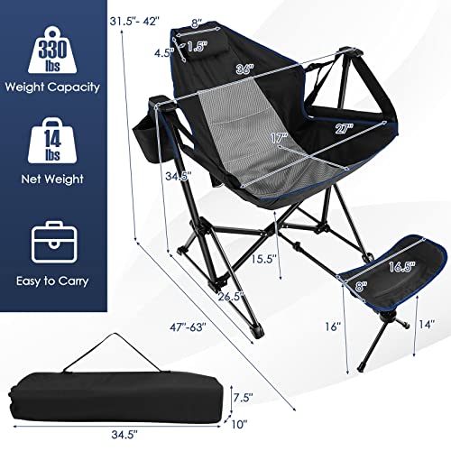 KOTEK Silla Hamaca, Silla de Camping Plegable con Reposapiés Retráctil, Respaldo Ajustable, Reposacabezas, Portavasos y Bolsa de Transporte, Mecedora para Exterior Patio Jardín Viajes Picnic Pesca (Negro) miniatura 3
