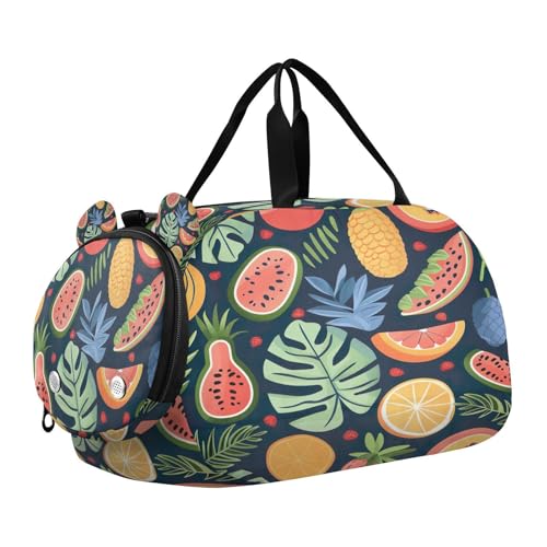 YETTASBIN Sport Travel Duffel Bag for Girls Boys, Tropical Fruits Large Waterproof Weekender Overnight Bag, Detachable Shoulder Strap Gym Bag with Shoe Compartment & Wet Pocket